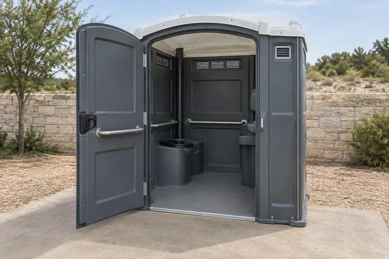 Wide-entry portable restroom with an open entrance