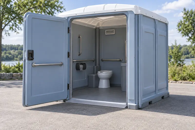 Accessible portable restroom with open door