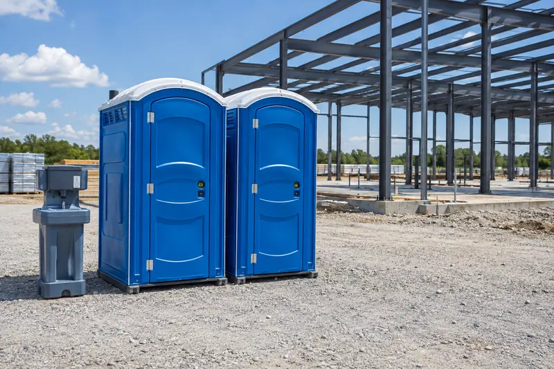 Portable sanitation equipment near a building under construction