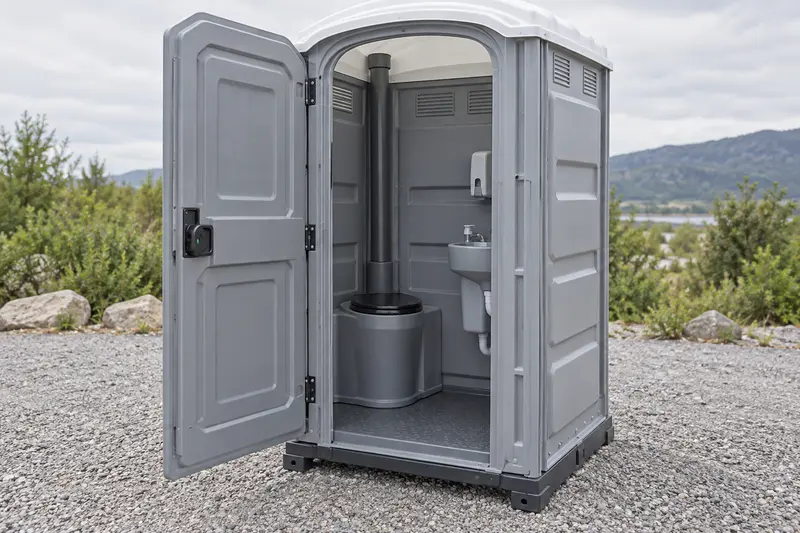 Upgraded restroom cabin shown open