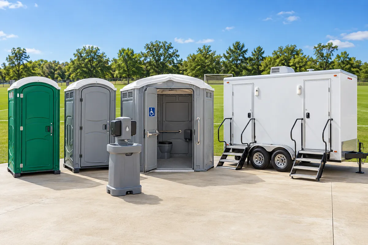 Illustrative outdoor arrangement of standard cabins, a wide-entry restroom, handwashing station and white restroom trailer
