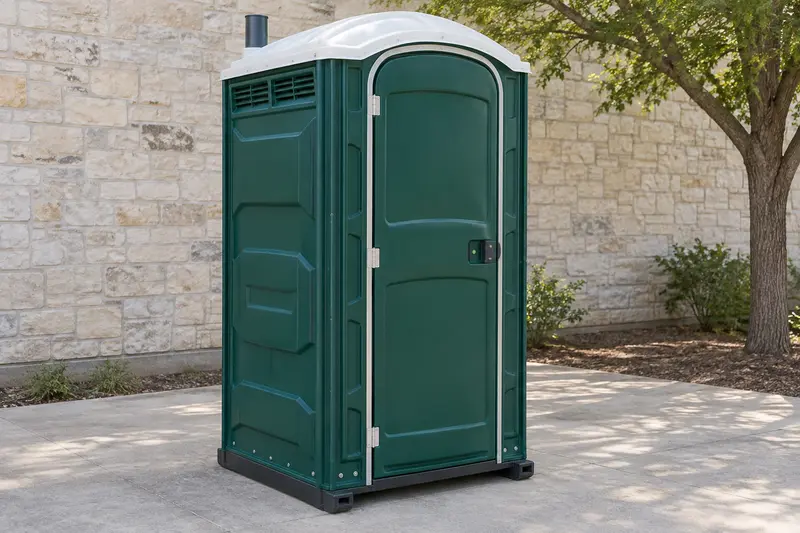 Green portable restroom with its full roof and base visible