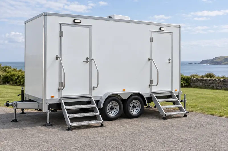 White restroom trailer with entry stairs and handrails